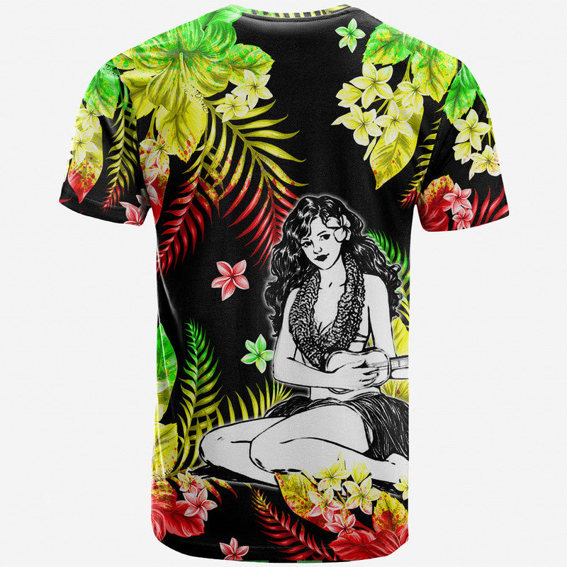 Graphic hula girl T-shirt with tropical leaves and flowers, black, short sleeves
