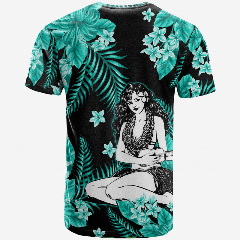 Hula girl graphic T-shirt, crew neck, black with turquoise foliage and woman print