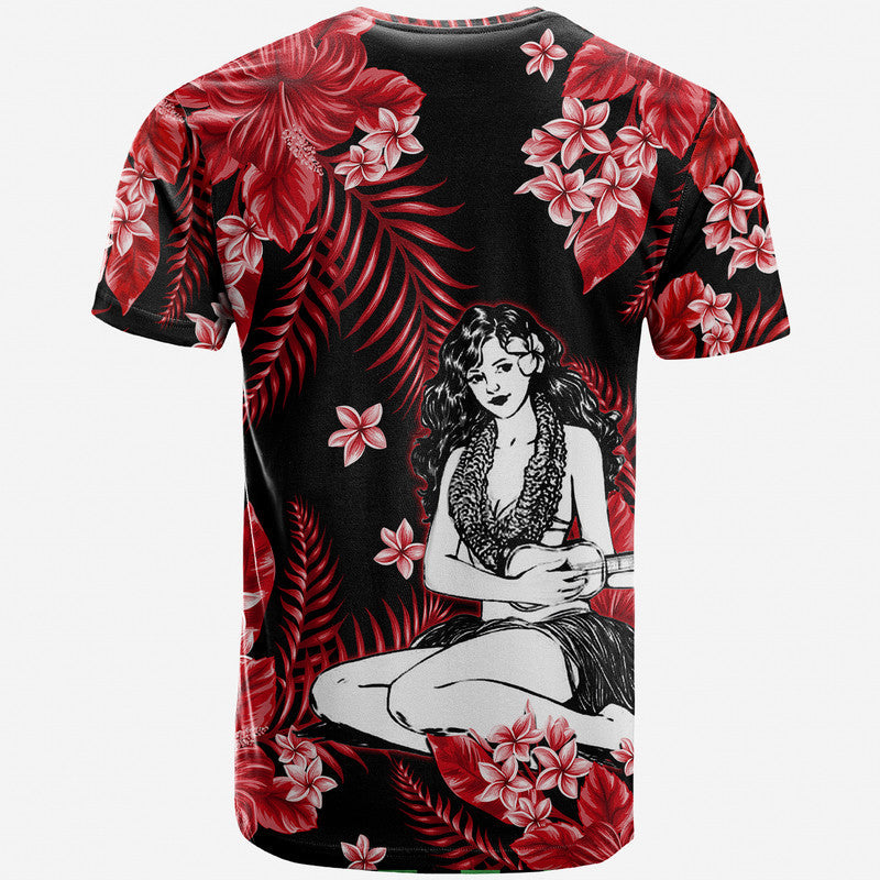 Hula girl graphic T-shirt, crew neck, black with red palm leaves and pink plumeria print