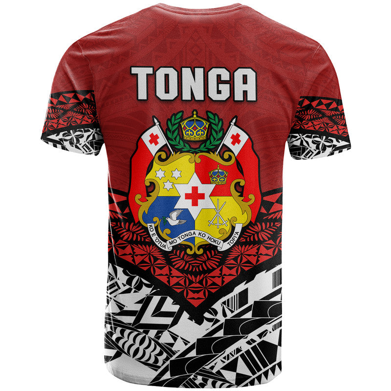 Red Tonga Anniversary 52nd graphic T-shirt, front view with TONGA text and crest