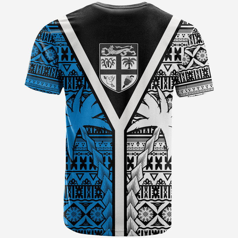 Black and blue tribal pattern T-shirt with white center V and shield graphic on back