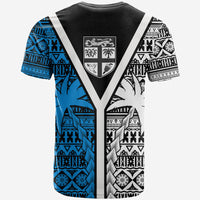 Black and blue tribal pattern T-shirt with white center V and shield graphic on back