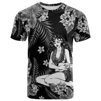 Hula girl graphic T-shirt, black with gray floral leaves and hula dancer print