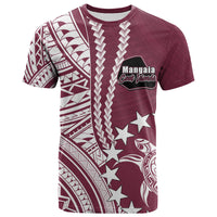 Maroon T-shirt with white Polynesian tribal patterns and star graphic, crew neck