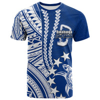 Blue Polynesian graphic T-shirt with white emblem, stars, and tribal patterns, crew neck