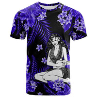 Hula girl graphic T-shirt with purple flowers and foliage, dark blue/black base