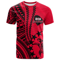 Red T-shirt with black Polynesian print, 'Atiu' badge and stars