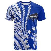 Blue crewneck T-shirt with white Polynesian print, stars and wave details on front