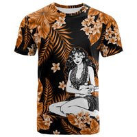 Hula girl graphic T-shirt, black with orange tropical leaves and plumeria flowers