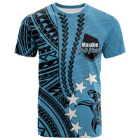 Blue Polynesian T-shirt with black tribal panel, stars and chest logo patch