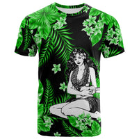 Green T-shirt with black base, tropical leaf and hula girl graphic print
