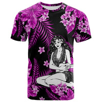 Purple and black graphic T-shirt with hula girl and tropical flower leaf print