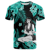 Hula girl graphic T-shirt, black with turquoise tropical leaves and woman print