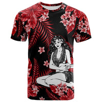 Hula girl graphic T-shirt, crew neck, black with red leaves and pink flower print