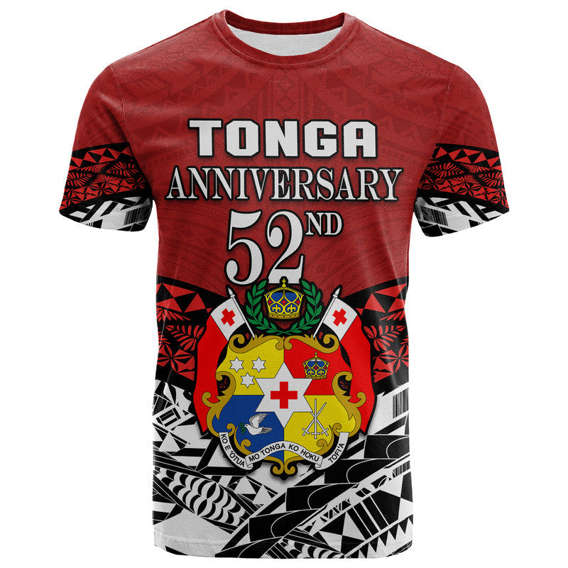 Red Tonga Anniversary 52nd graphic T-shirt, back view with crest and patterned hem