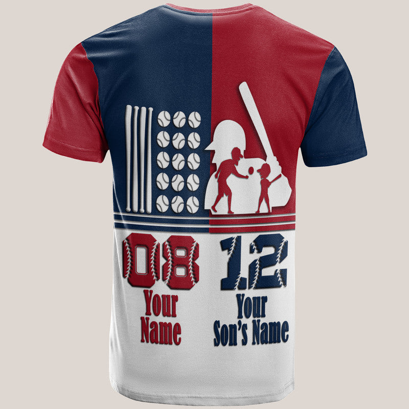 Custom Fathers Day America Dad and Son Baseball Player T Shirt Mixed Blue and Red - Wonder Print Shop