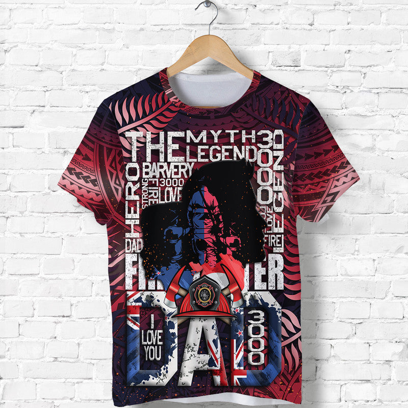 Custom Fathers Day New Zealand Firefighter Dad T Shirt Maori Pattern Style - Wonder Print Shop