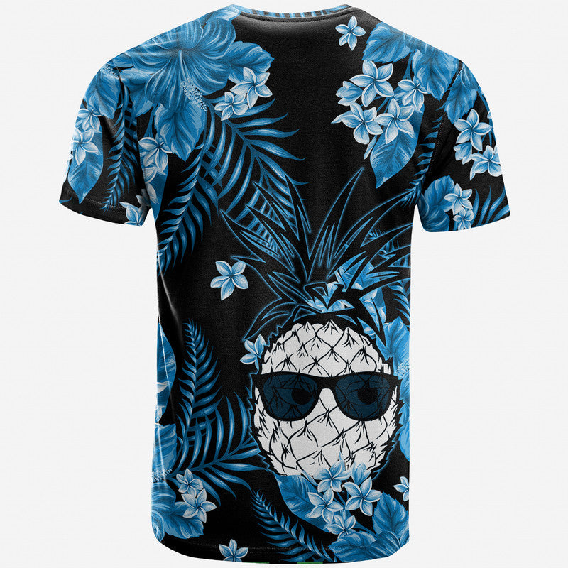 Graphic crew-neck T-shirt: black base with blue floral leaves and skull