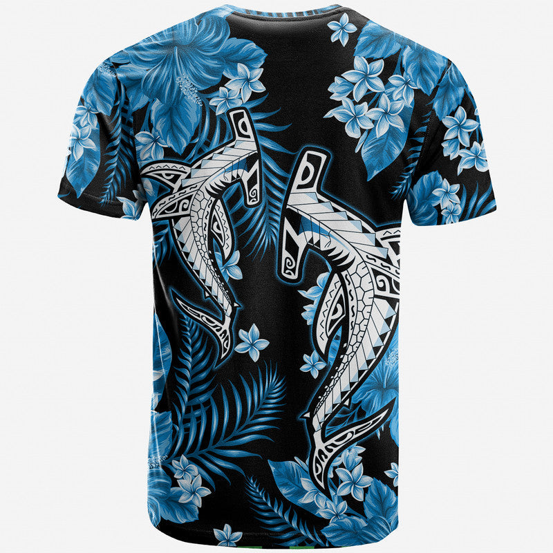 Crewneck T-shirt front with blue tropical leaves and white shark face graphic