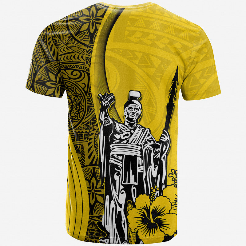 Yellow graphic T-shirt with tribal panel print, king figure artwork, and hibiscus