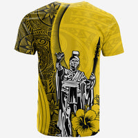 Yellow graphic T-shirt with tribal panel print, king figure artwork, and hibiscus