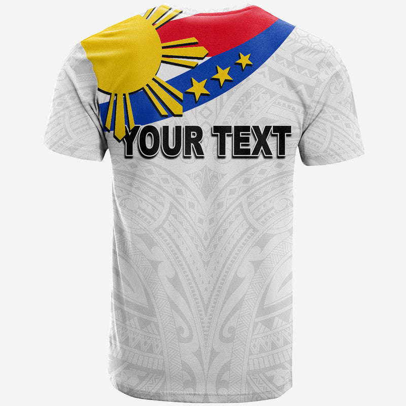 White short-sleeve T-shirt with Pilipinas crest and 'YOUR TEXT' bold back print