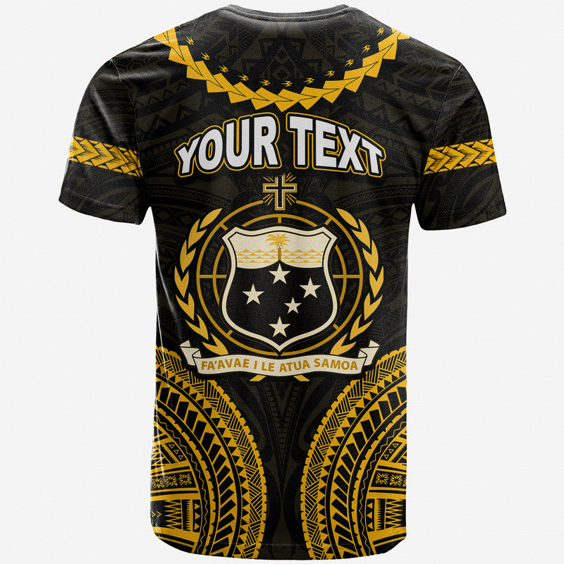 Black tribal T-shirt with YOUR TEXT back print, crest and gold patterns