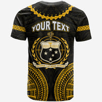 Black tribal T-shirt with YOUR TEXT back print, crest and gold patterns