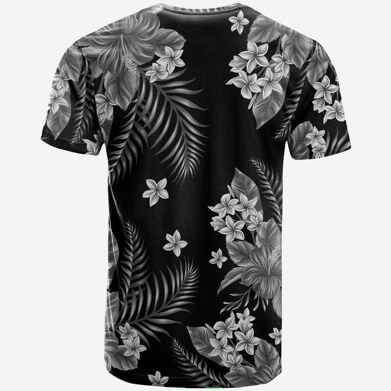 Short-sleeve floral tropical t-shirt in black with gray leaf and blossom pattern.