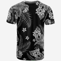 Short-sleeve floral tropical t-shirt in black with gray leaf and blossom pattern.