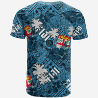 Blue crew-neck T-shirt with short sleeves, tropical flags and palm print