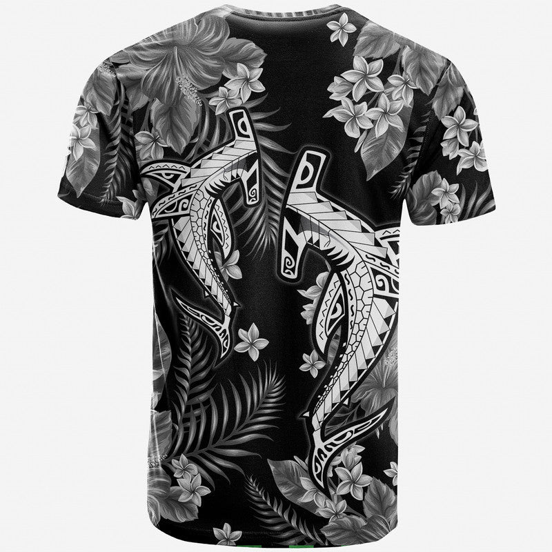 Tropical shark graphic T shirt, black with gray plumeria-style flowers, crew neck