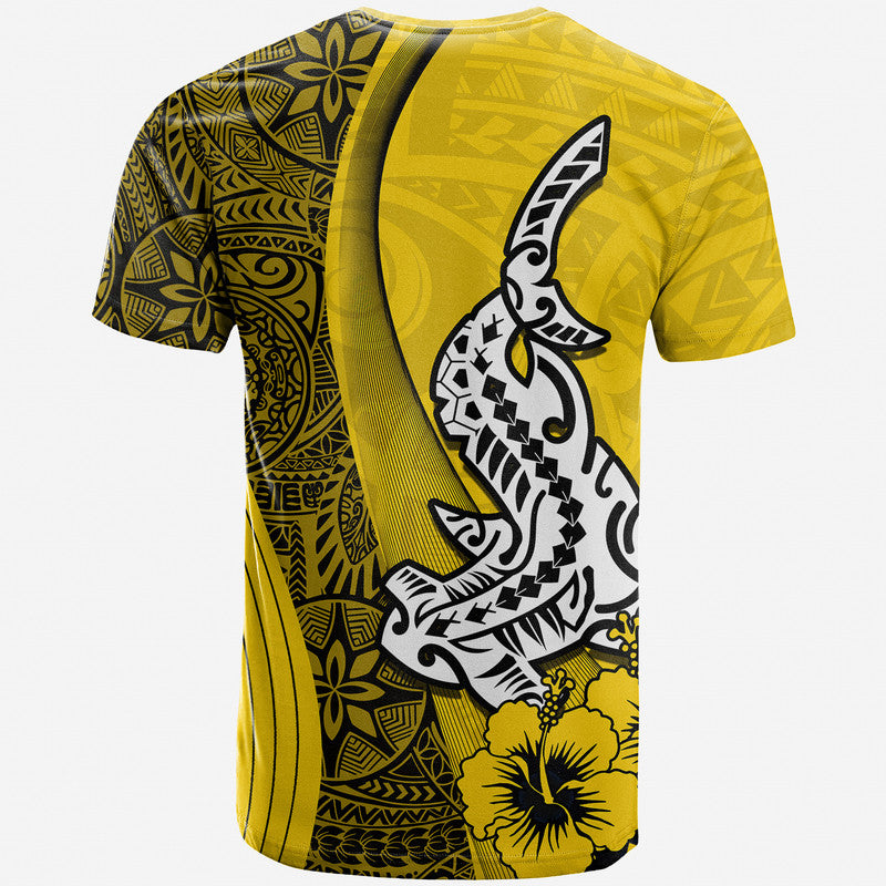 Yellow T-shirt with shark graphic and tribal Polynesian patterns, back view