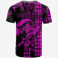 Purple Polynesian warrior T-shirt back with "YOUR TEXT" and tribal figure pattern