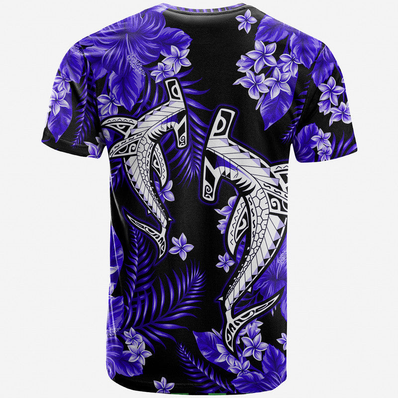 Black crew-neck T-shirt with purple plumeria flowers and stylized shark illustration