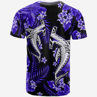 Black crew-neck T-shirt with purple plumeria flowers and stylized shark illustration