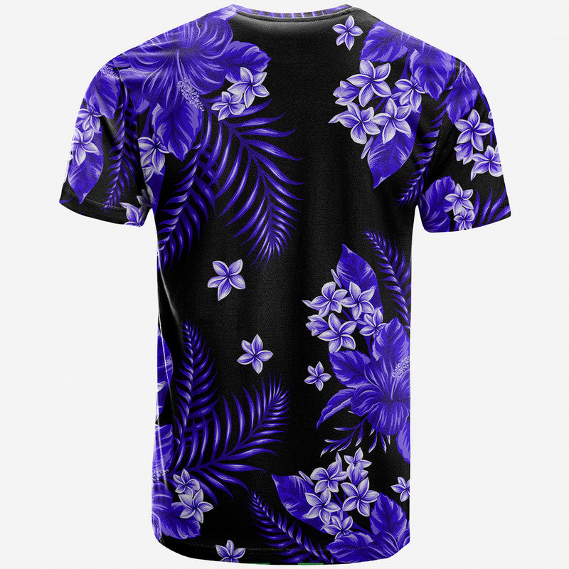 Crew-neck t-shirt with purple hibiscus-style blossoms and palm leaves all-over print