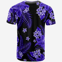 Crew-neck t-shirt with purple hibiscus-style blossoms and palm leaves all-over print