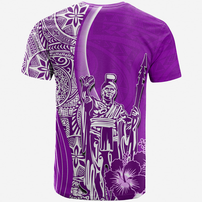 Purple graphic T-shirt with large king figure and tribal floral back print