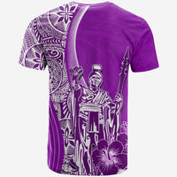 Purple graphic T-shirt with large king figure and tribal floral back print