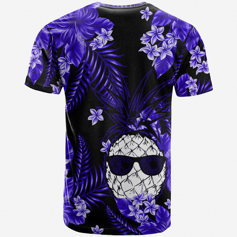 Short-sleeve crew-neck T-shirt in dark, purple tropical leaves, flowers and skull