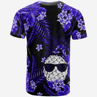 Short-sleeve crew-neck T-shirt in dark, purple tropical leaves, flowers and skull