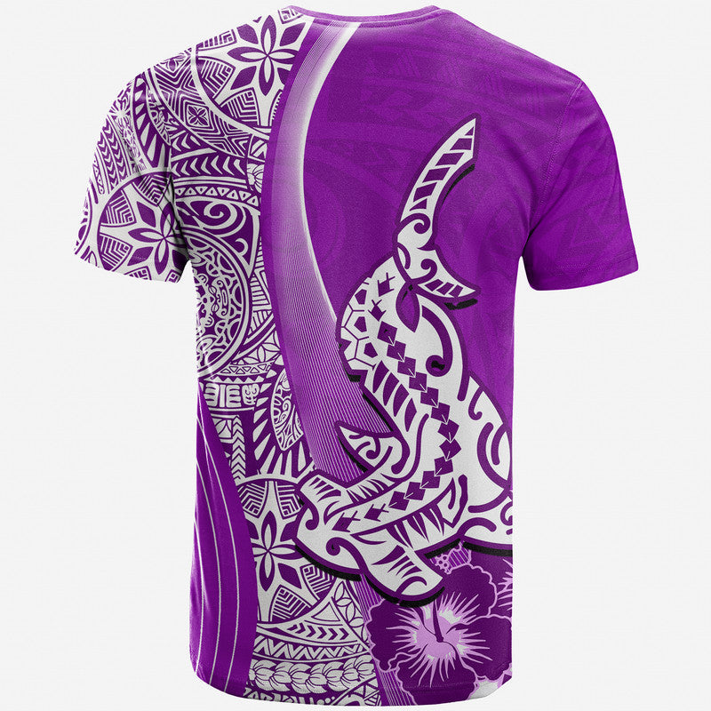 Purple crew-neck T-shirt with back shark and tribal Polynesian-style graphic, short sleeves