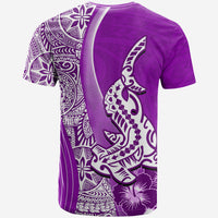 Purple crew-neck T-shirt with back shark and tribal Polynesian-style graphic, short sleeves