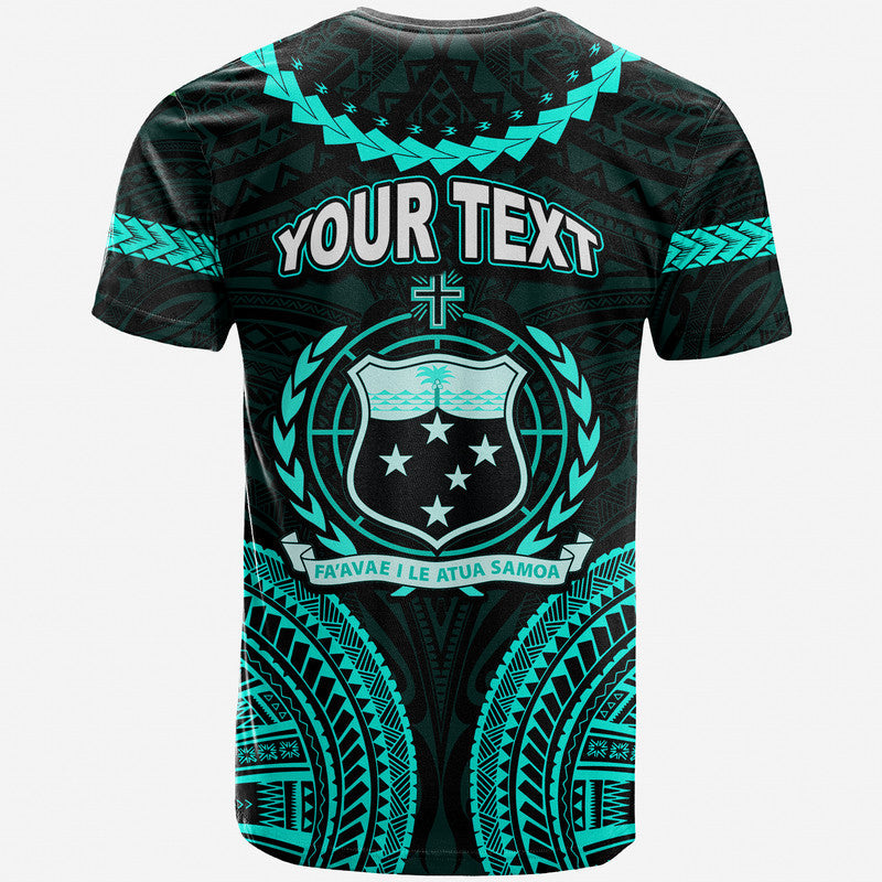 Green tribal T-shirt back with YOUR TEXT, star shield, cross, teal patterns