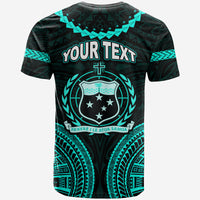 Green tribal T-shirt back with YOUR TEXT, star shield, cross, teal patterns