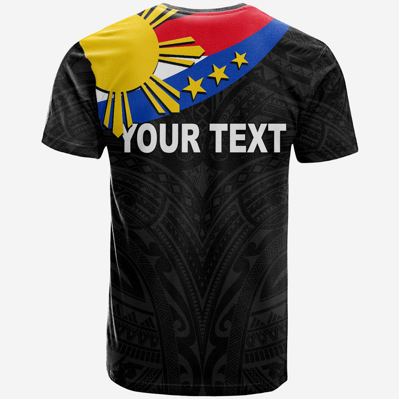Black T-shirt with colorful crest and YOUR TEXT back print