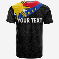 Black T-shirt with colorful crest and YOUR TEXT back print
