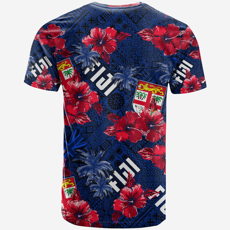 Blue tropical T-shirt with red hibiscus and palms, geometric pattern, short sleeves