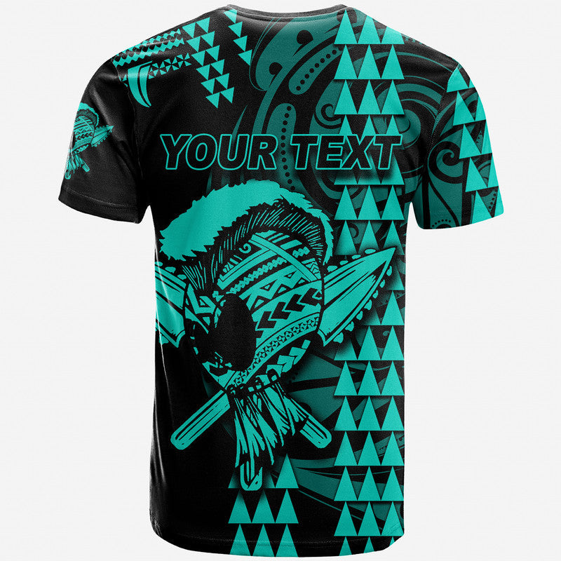Short-sleeve T-shirt, back view, turquoise eagle and pyramid pattern, 'YOUR TEXT' print